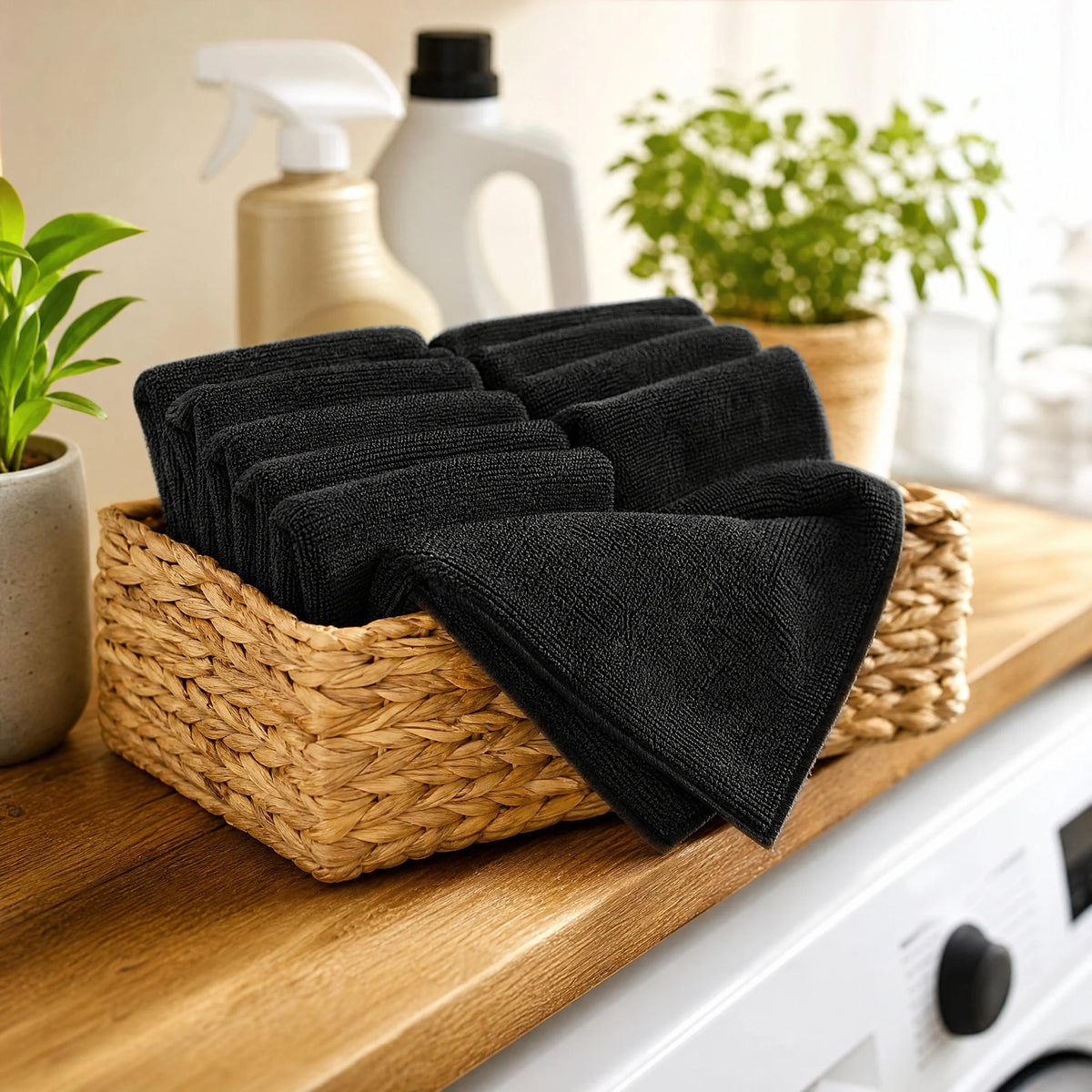 A stack of black heavy duty microfiber cleaning towels in a woven basket on a wooden surface.