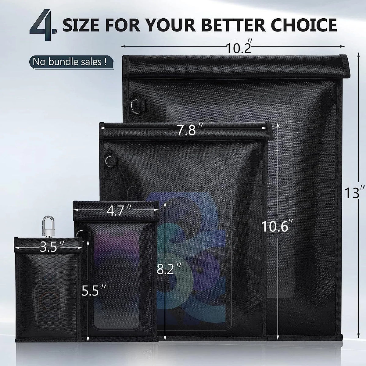 A stack of black Faraday shield key bags of various sizes, demonstrating different protection options.