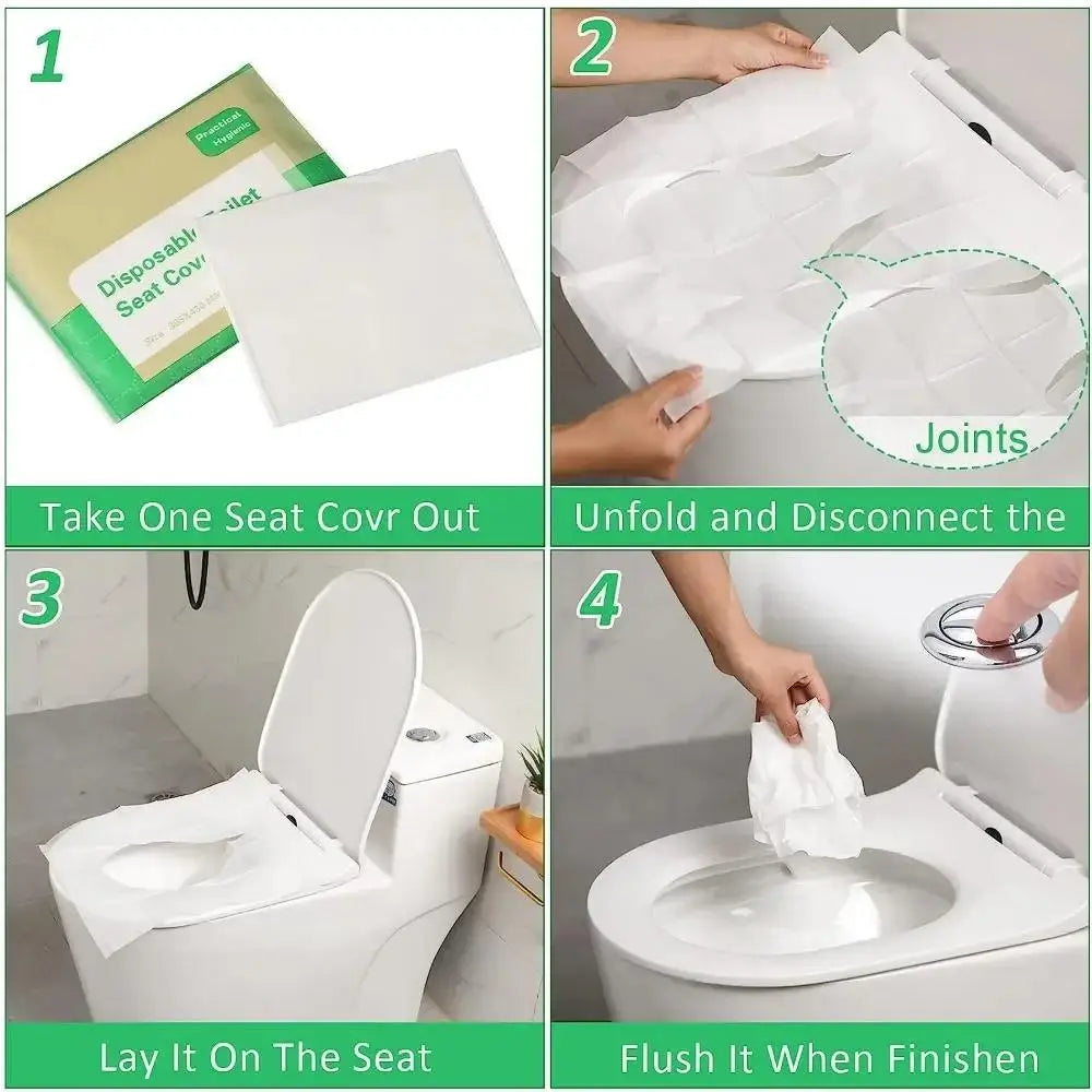 Instructions for using portable disposable toilet seat covers, showing removal, unfolding, and flushing.