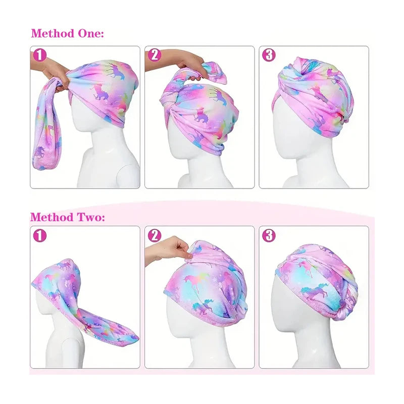 Three methods demonstrate how to style a pink and purple microfiber hair drying cap for kids.