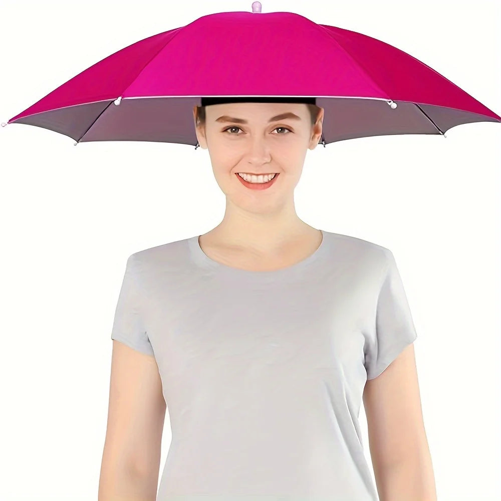 A woman wearing a bright pink head-mounted umbrella hat for sun and rain protection.