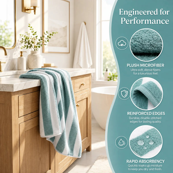 A set of light blue and white microfiber towels displayed on a wooden cabinet next to a sink.