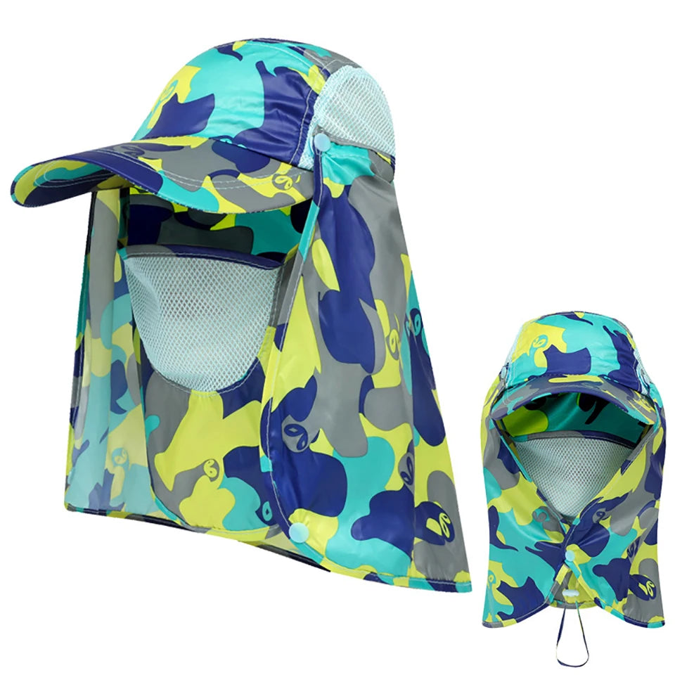 A bright blue and yellow camouflage UV protection fishing sun hat for men and women.