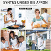 A woman wearing a white chef apron is shown cooking in a kitchen, alongside images of the apron used for various activities.