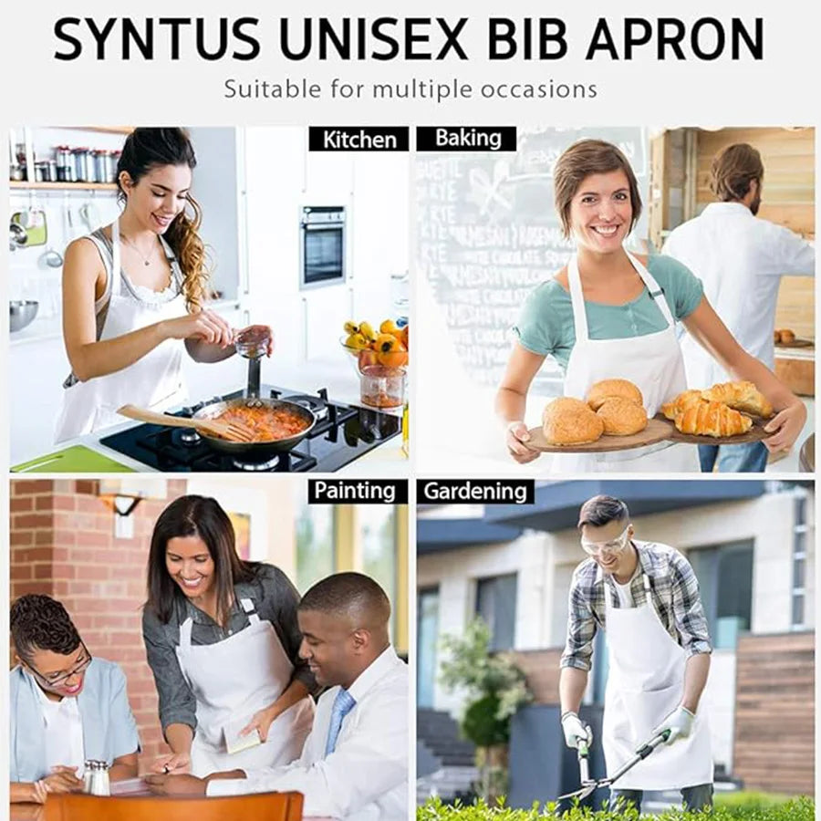 A woman wearing a white chef apron is shown cooking in a kitchen, alongside images of the apron used for various activities.