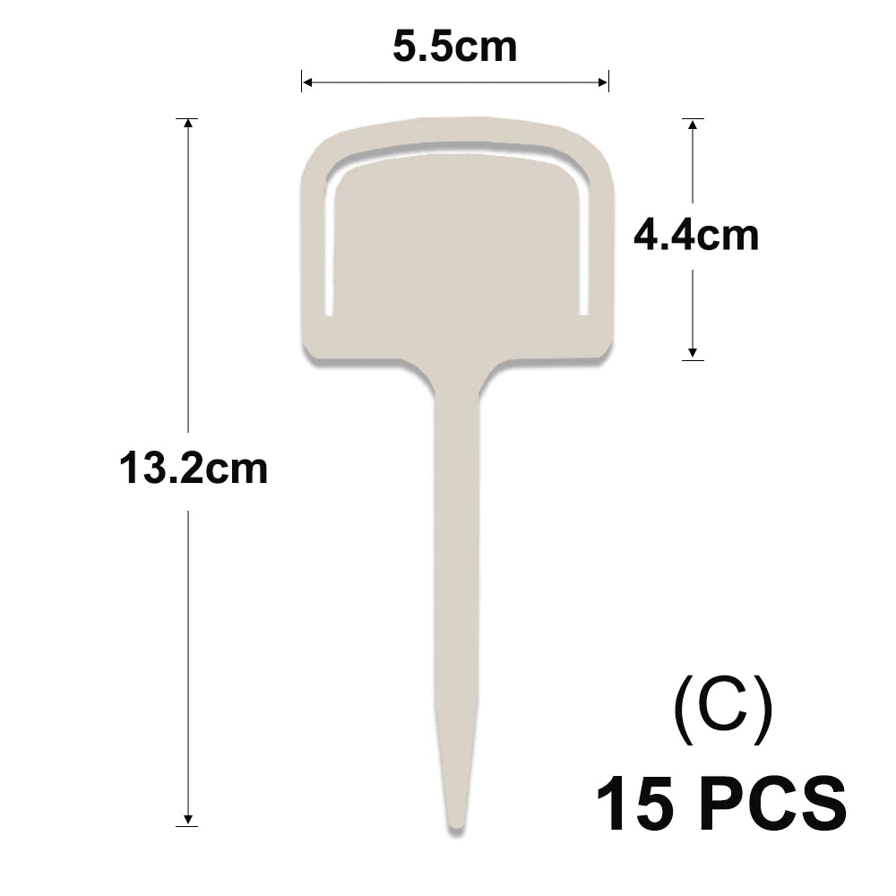 A beige T-shaped plant marker with a 5.5cm wide top and a 13.2cm long stem, sold in a pack of 15.