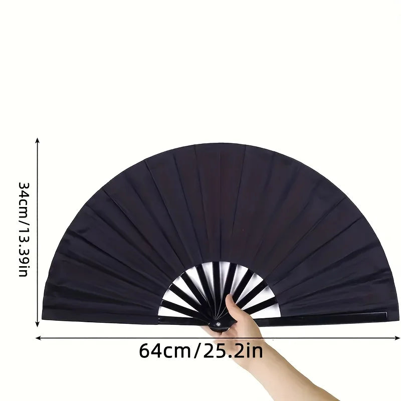 A black handheld folding fan shown open, displaying its size and classic design.
