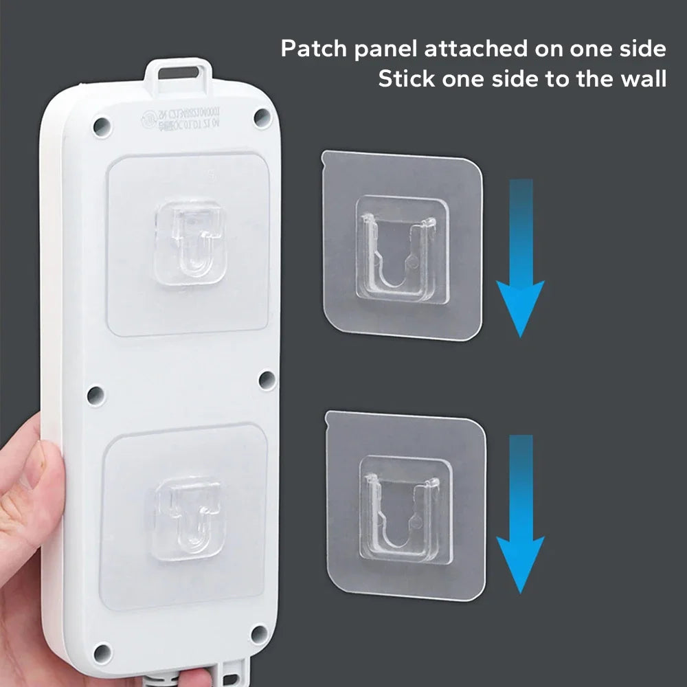 A white double-sided patch panel with two clear adhesive hooks shown next to the attached panels.