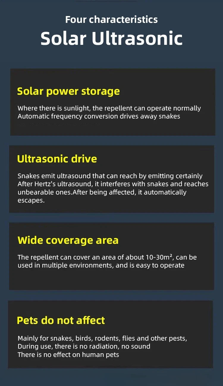Informationstabelle mit vier Merkmalen eines solarbetriebenen Ultraschall-Schädlingsabwehrers: Solarlagerung, Ultraschallantr