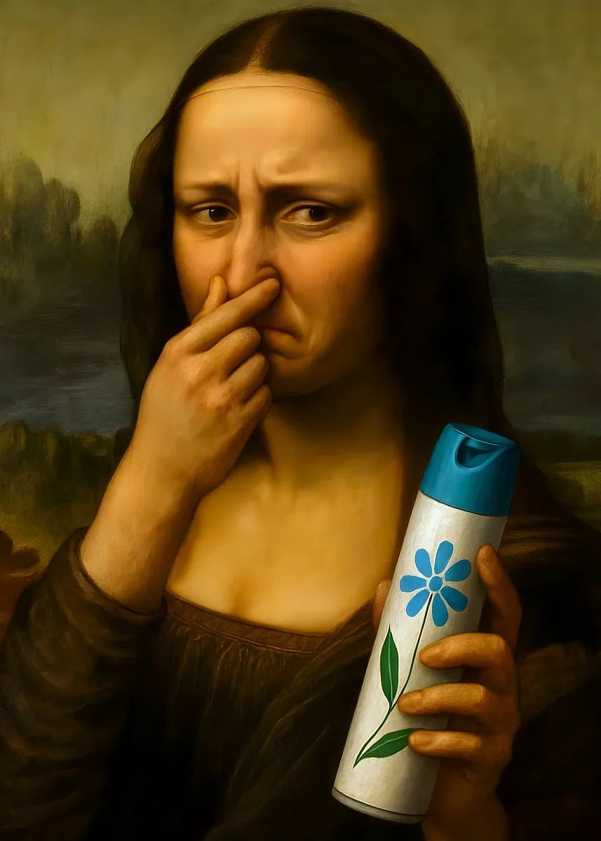 A painting of a woman with dark hair touching her nose, rendered in oil on canvas.