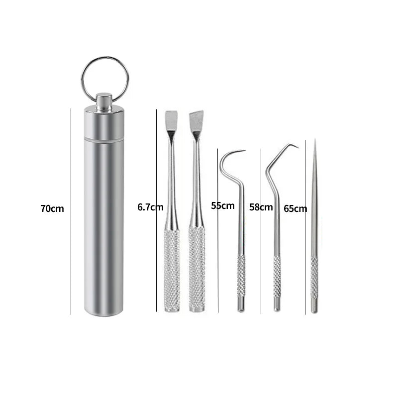 Stainless steel reusable toothpick set with a cylindrical container and various sized toothpicks
