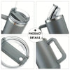 A stainless steel tumbler with a handle and straw is shown in various angles, including the lid assembly and the body of the 