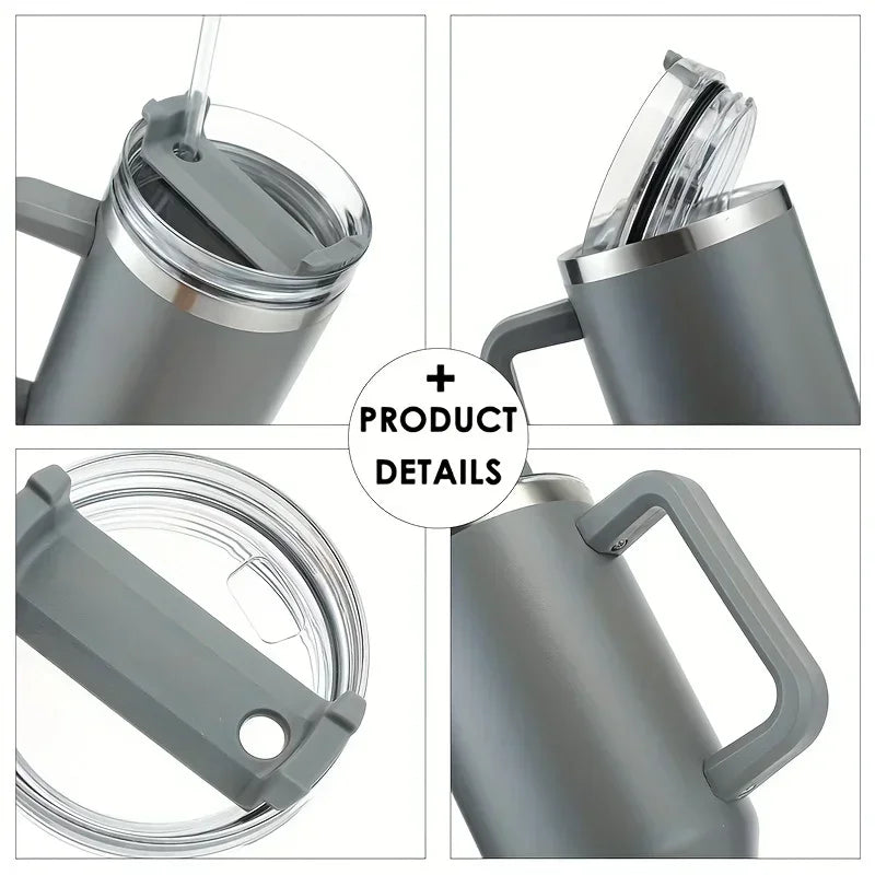 A stainless steel tumbler with a handle and straw is shown in various angles, including the lid assembly and the body of the 