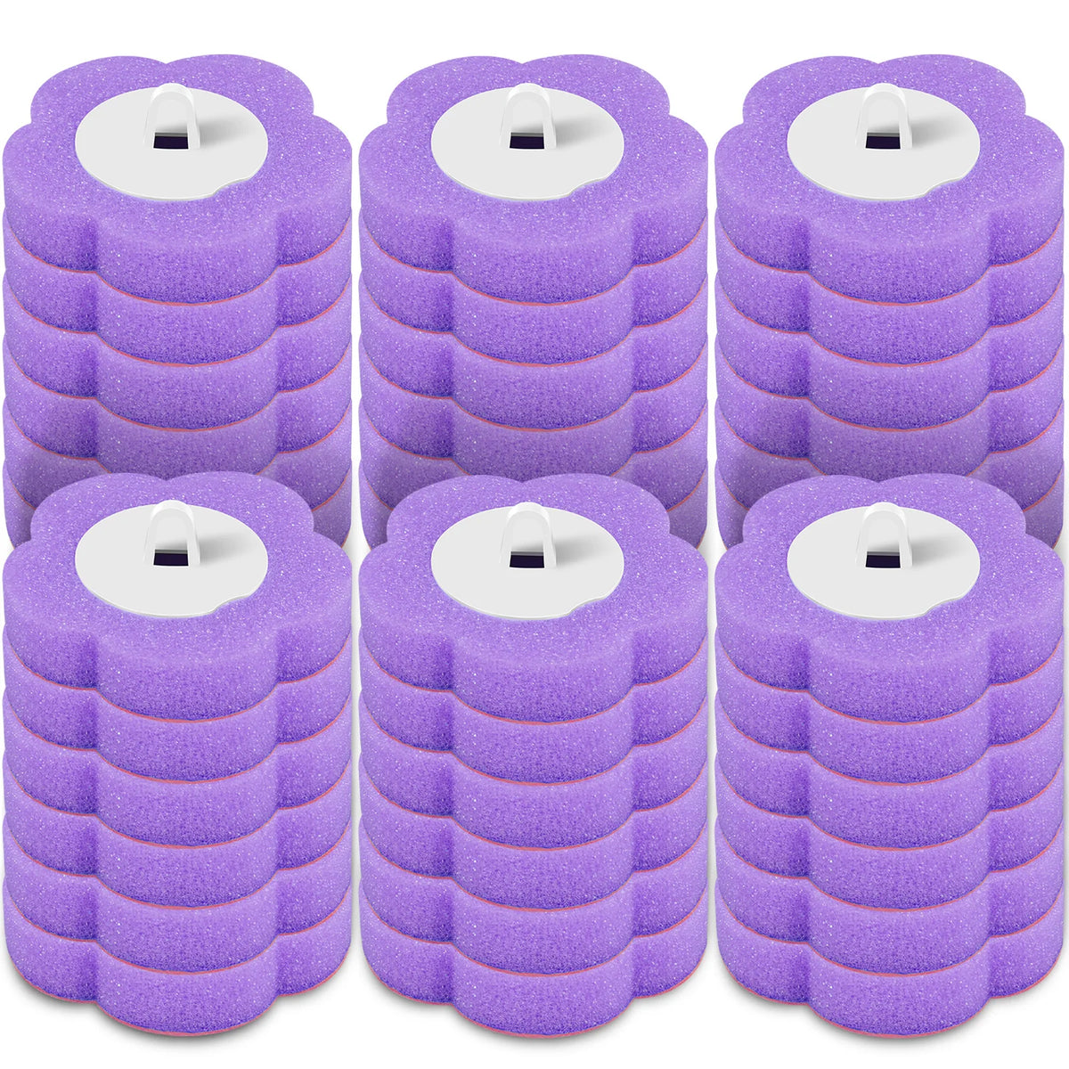 A set of purple, long-handled disposable toilet brush cleaning kits with stacked bristles.