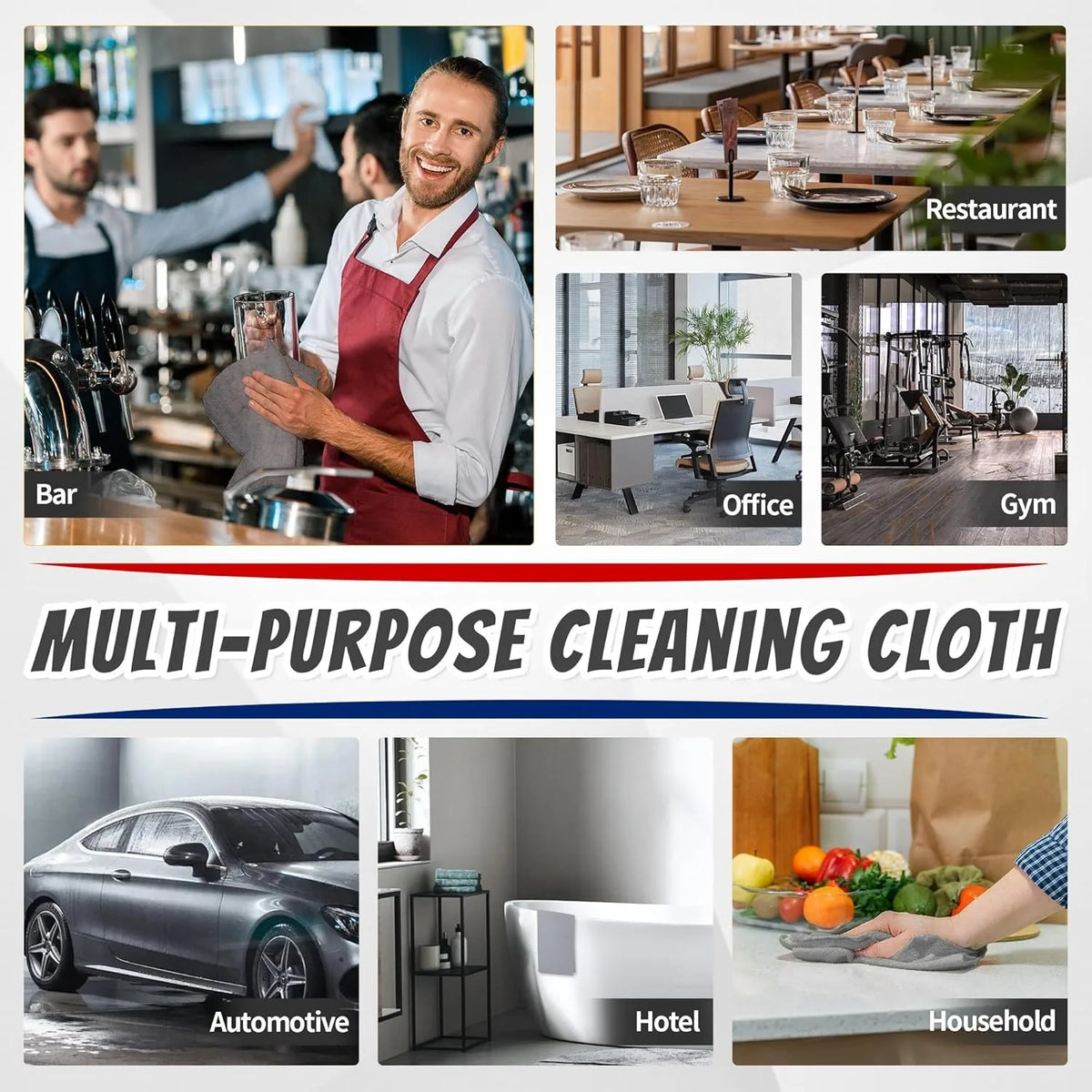 A collection of multi-purpose cleaning cloths used for automotive, household, and gym cleaning.