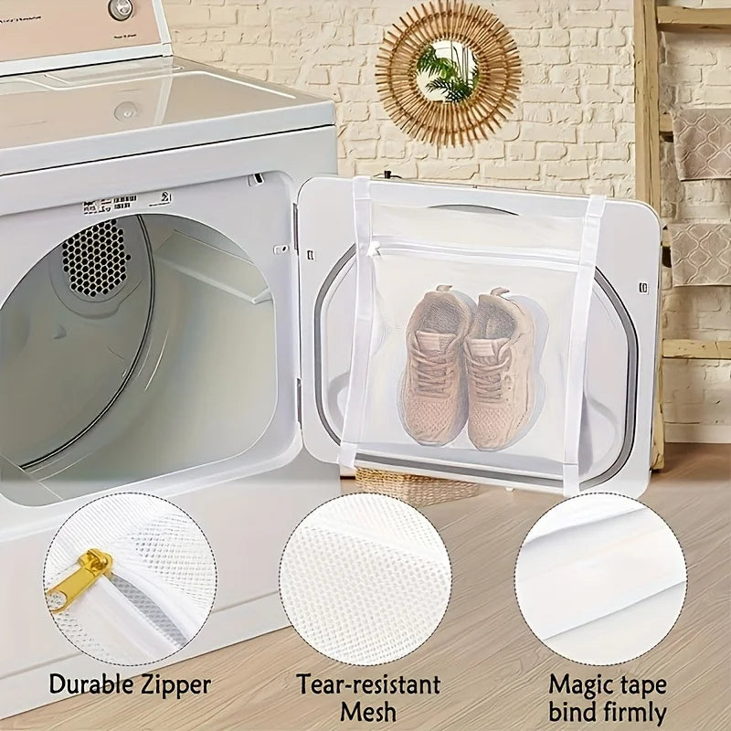 A white portable shoe washing mesh bag with a durable zipper and magic tape binding is shown next to a washing machine.
