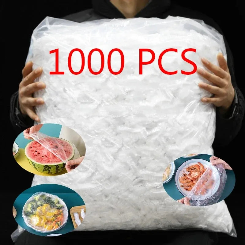 A person holds a large bag labeled 1000 PCS of reusable disposable food covers with decorative bows.