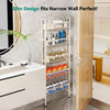 A white wall-mounted storage rack with multiple tiers of baskets holds various bottles and supplies in a modern kitchen or ba