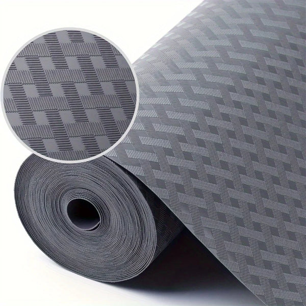 Roll of gray patterned reusable shelf liner for kitchen and drawer protection