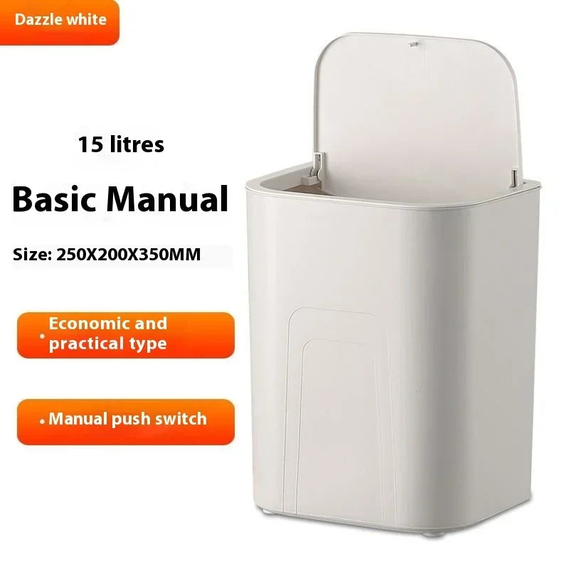 A white 15 liter basic manual trash can with a lid and a manual push switch.