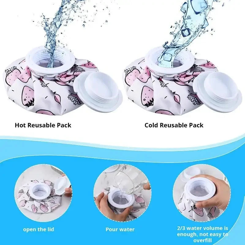 A set of reusable ice and hot water therapy packs showing the product being used for therapy.
