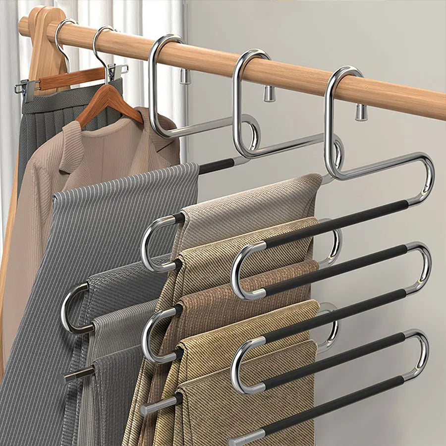 Stainless steel S-shaped storage rack for hanging pants and towels.
