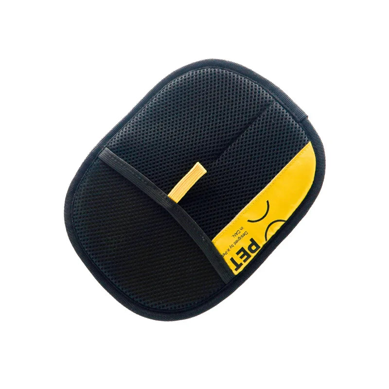 Black reusable electrostatic pet hair remover gloves with a yellow accent.