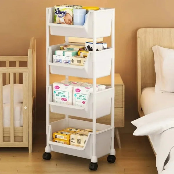 A white multi-layer portable storage rack with drawers and wheels filled with various household items.