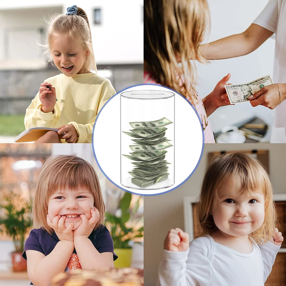 Collage de niños interactuando con una alcancía de plástico transparente para ahorrar dinero.