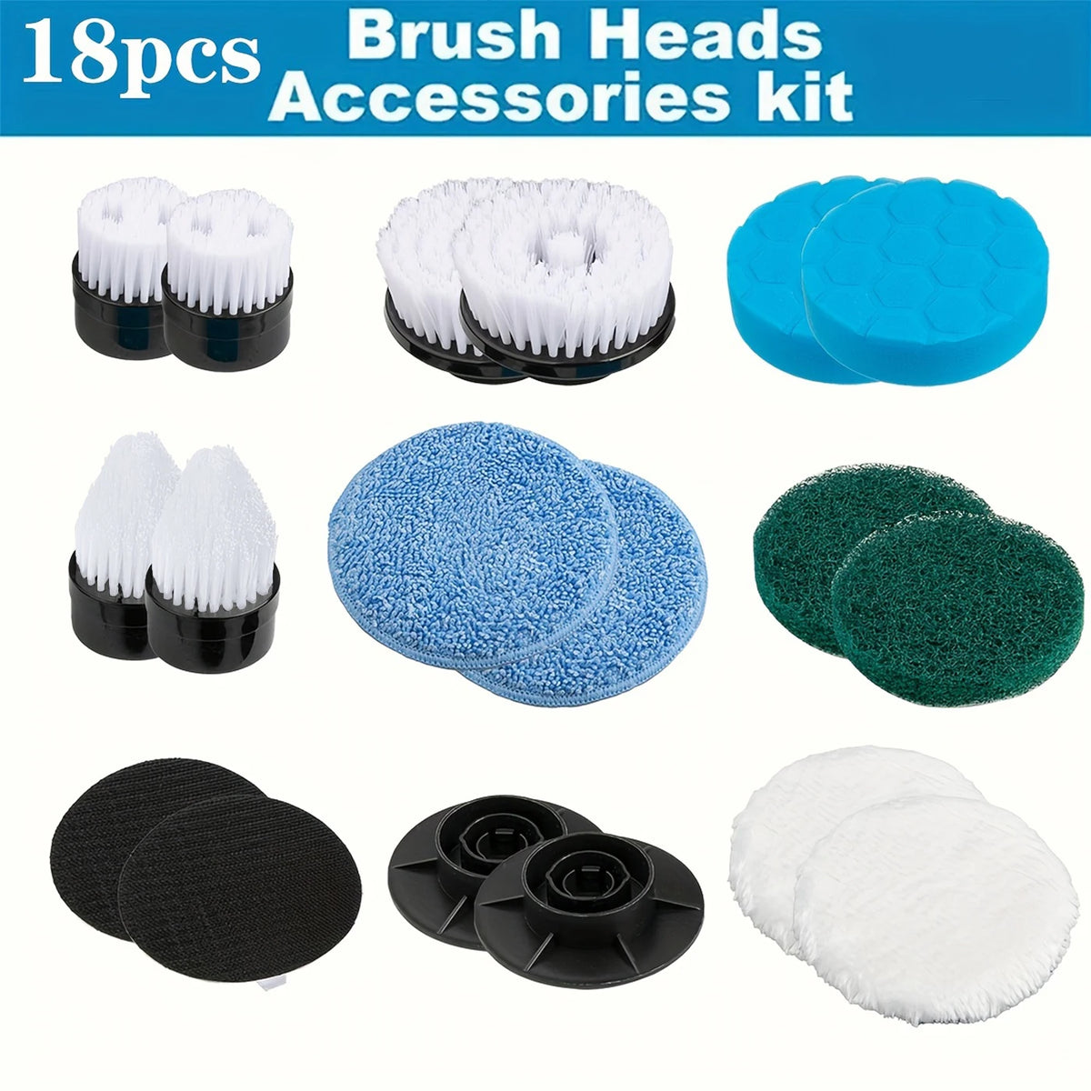 A kit of 18 replacement brush heads and accessories for rotary scrubbers, including various sizes and shapes.