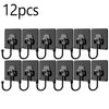 Twelve heavy-duty self-adhesive wall hooks in black for hanging items.