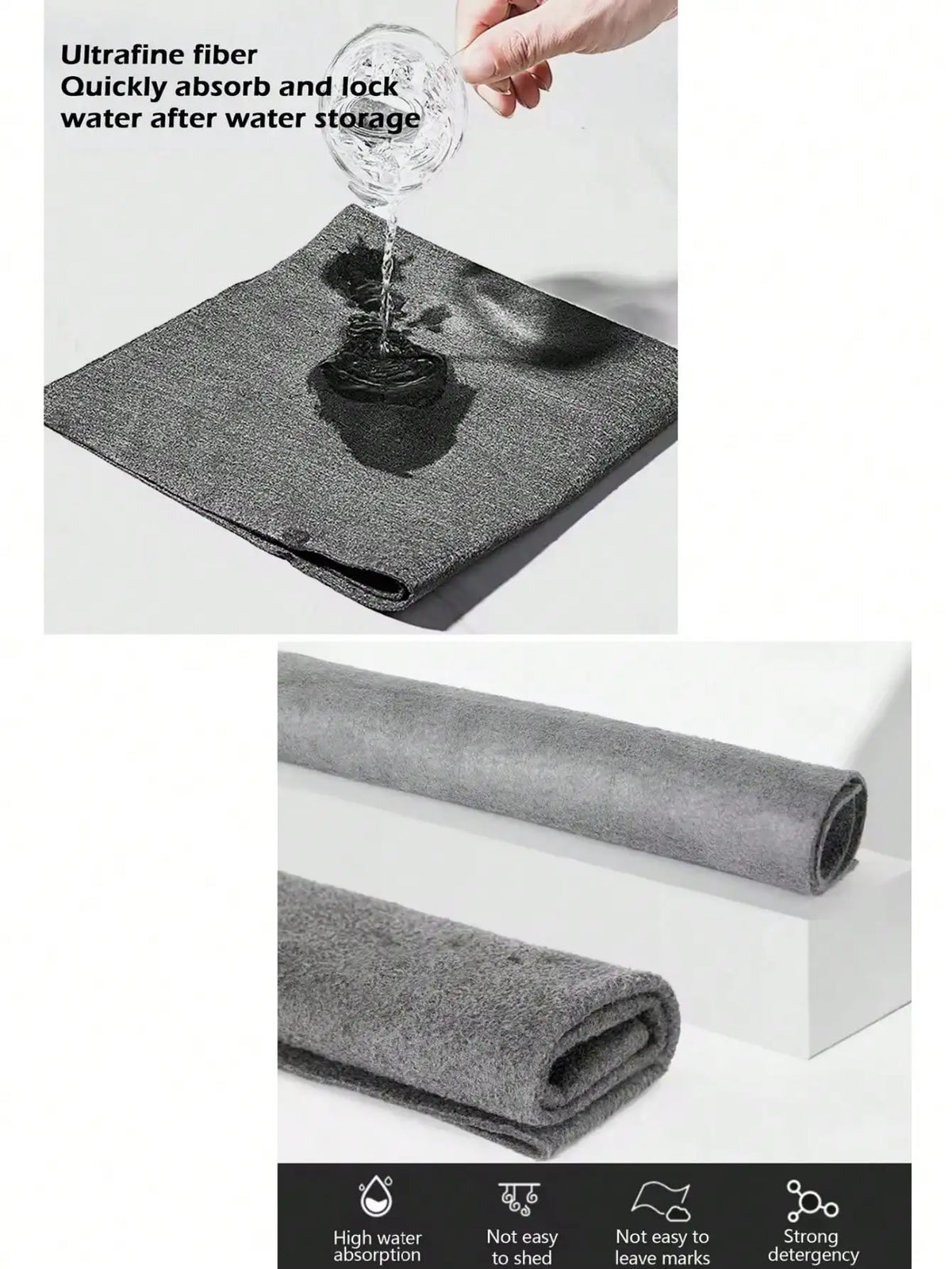 A close-up of a person dripping water onto a dark gray microfiber cloth, demonstrating its ability to absorb water.