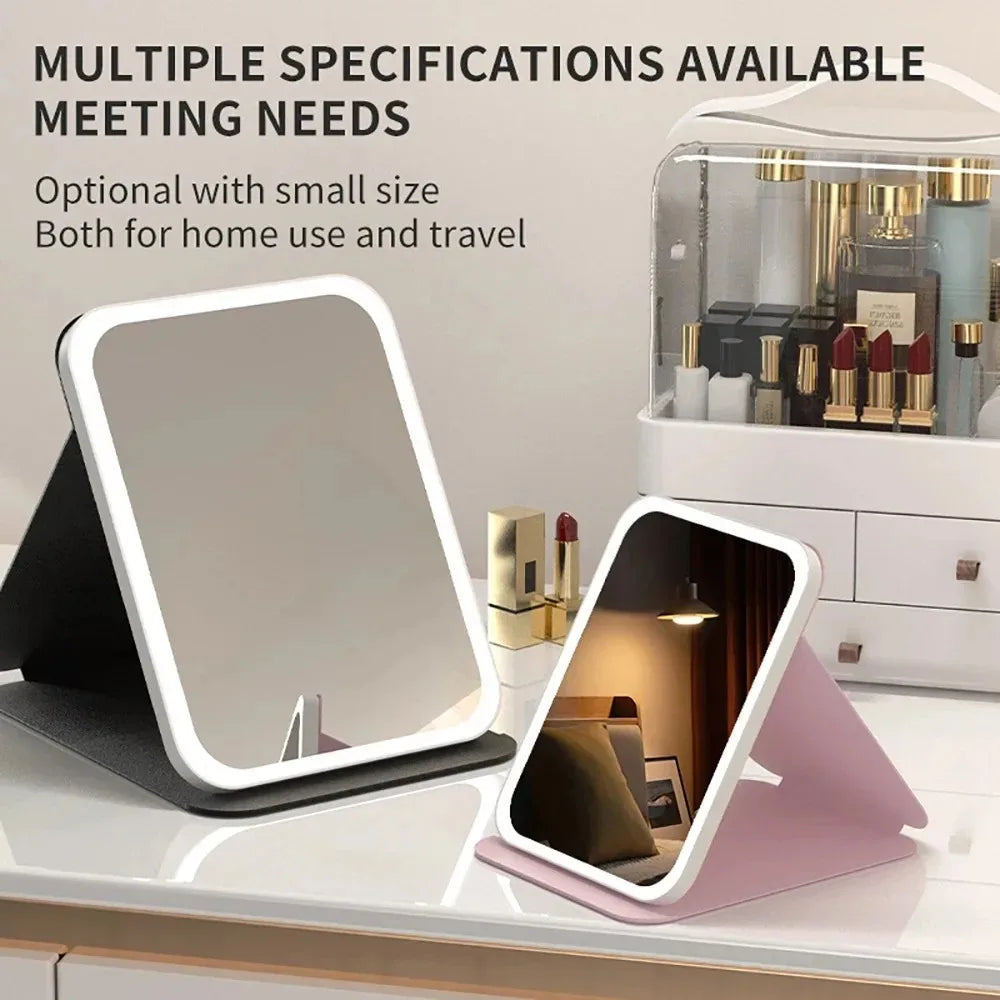 A portable touch screen vanity mirror with adjustable LED lights shown next to various cosmetic products.