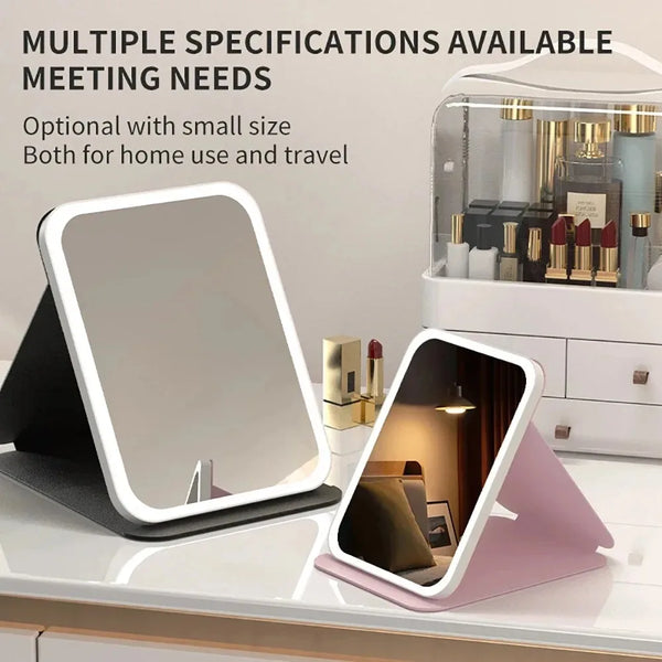 A portable touch screen vanity mirror with adjustable LED lights shown next to various cosmetic products.