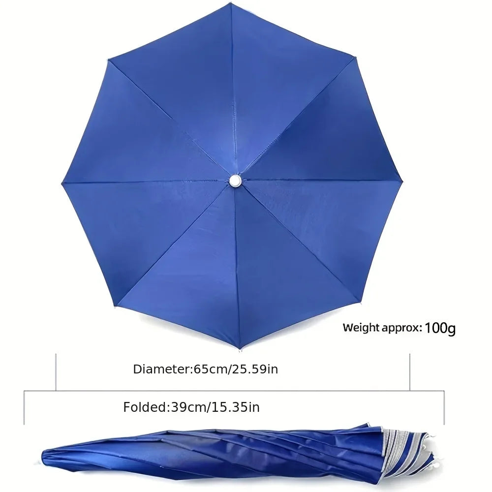 A royal blue head-mounted umbrella hat folded and open, showing its size and structure.