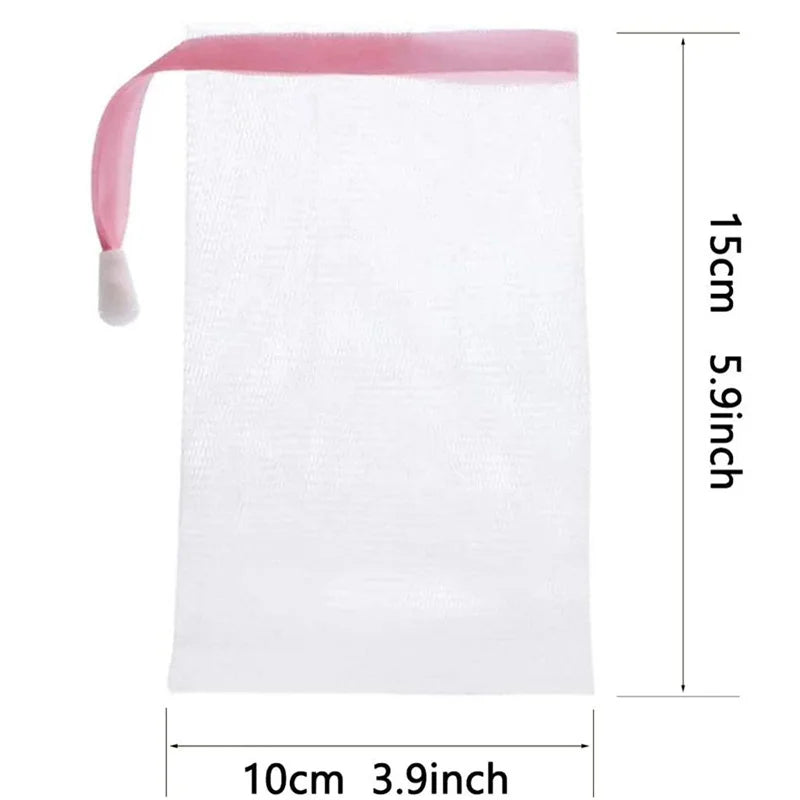 A clear mesh soap pouch with a pink drawstring, measuring 10cm by 15cm.