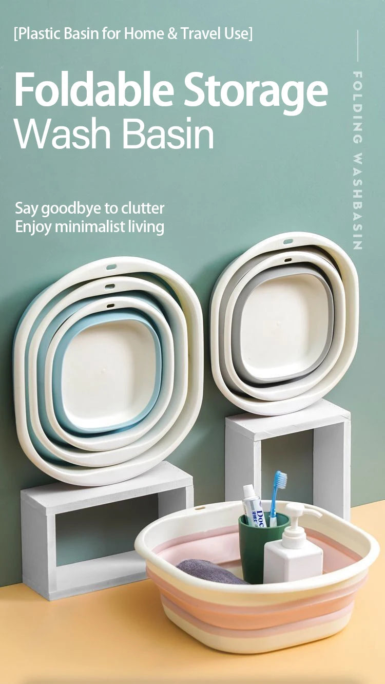 A foldable plastic wash basin in white and light blue is shown with various items inside on a wooden surface.