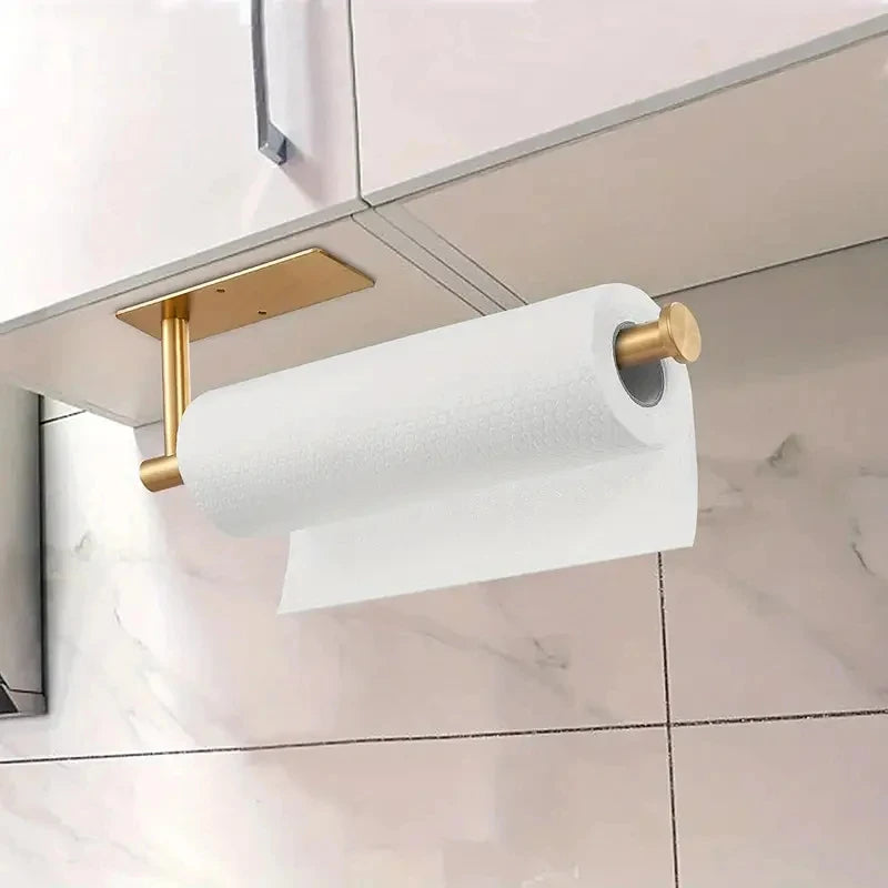 Stainless steel under cabinet paper towel holder with a white roll