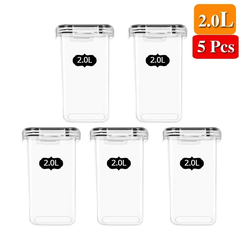 A set of five clear food storage containers with lids, each marked 2.0L.