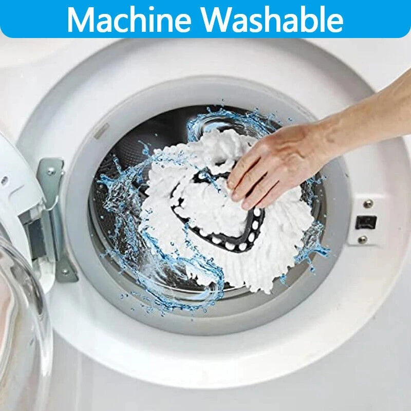 A hand is shown placing a white microfiber mop head replacement pad into a washing machine drum.