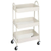 A white 3-tier metal rolling storage cart with wire baskets and lockable wheels.
