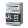 A silver electronic password piggy bank with a digital display and numbered buttons.