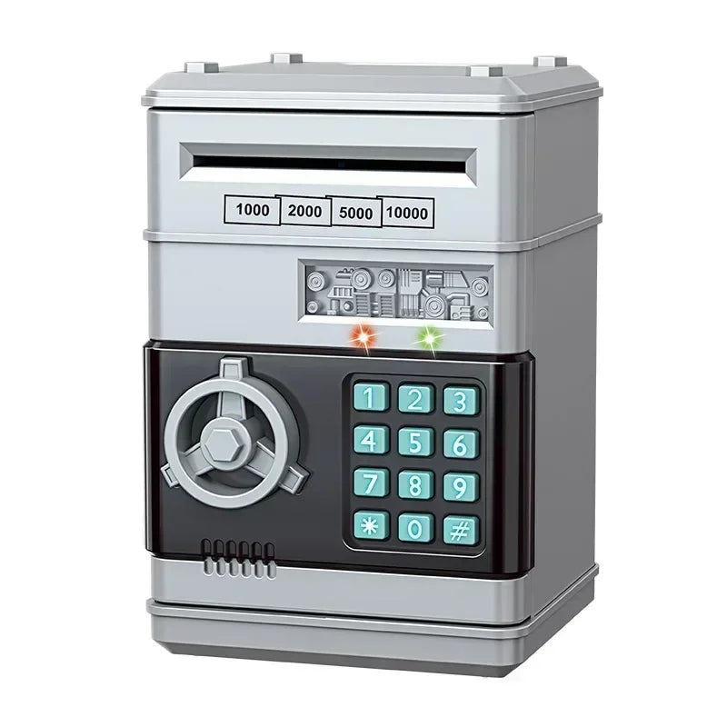 A silver electronic password piggy bank with a digital display and numbered buttons.