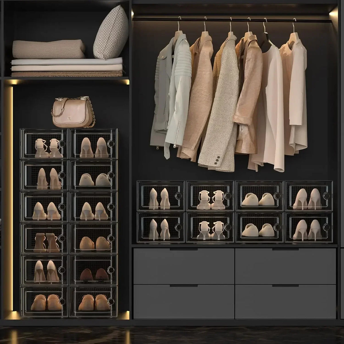 A display of clear plastic shoe storage boxes and hangers in a dark cabinet with built-in shelving.