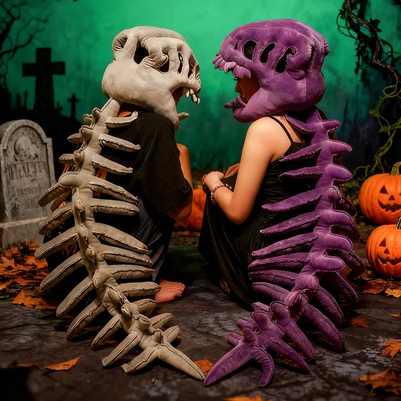 A person wearing a realistic dinosaur skeleton costume, featuring a gray skull and purple rib cage, posing in an outdoor sett