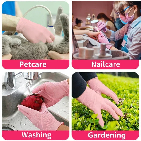 Four panels showing pink disposable nitrile gloves used for pet care, nail care, washing, and gardening.
