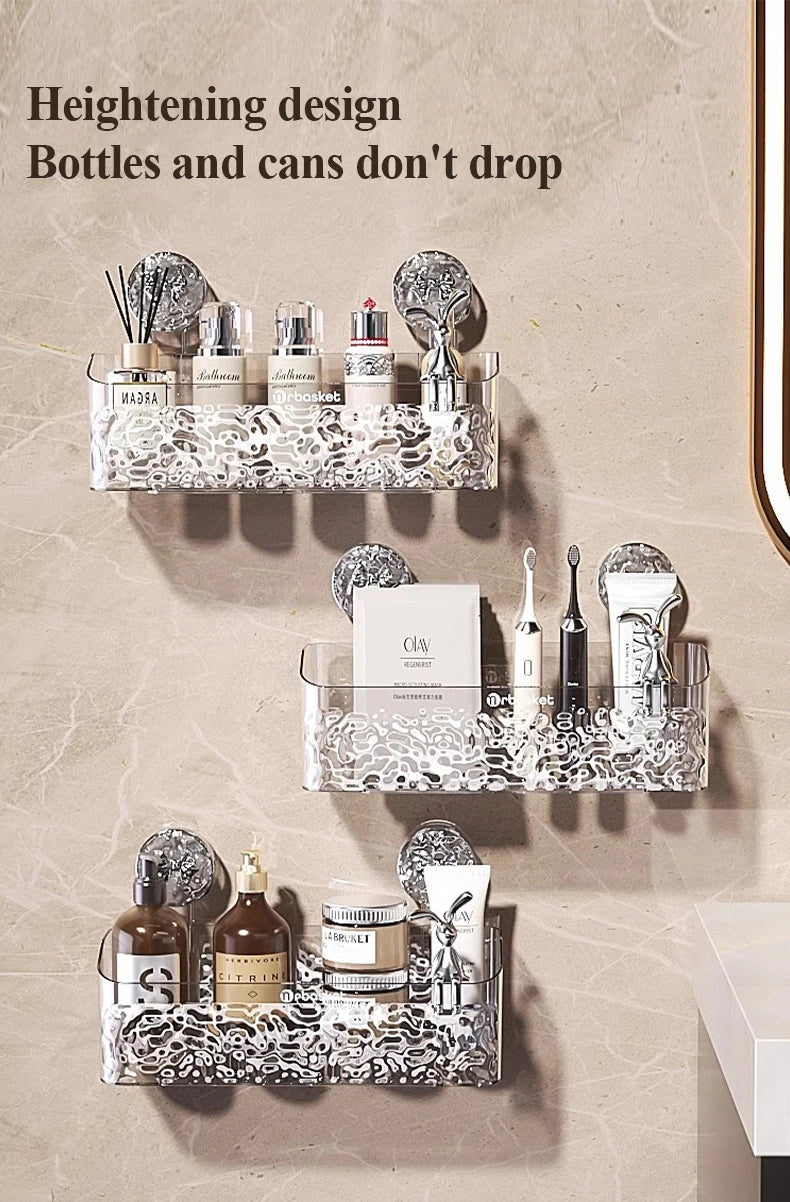 A display of stainless steel suction cup storage racks holding various bottles and cans.