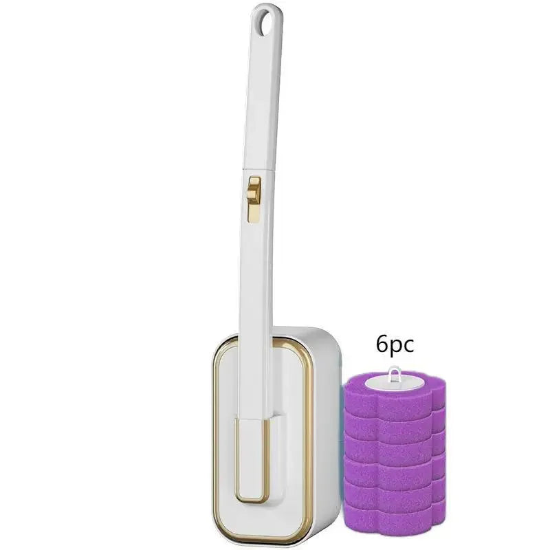 A white replacement disposable toilet cleaning brush and six purple cleaning pads.
