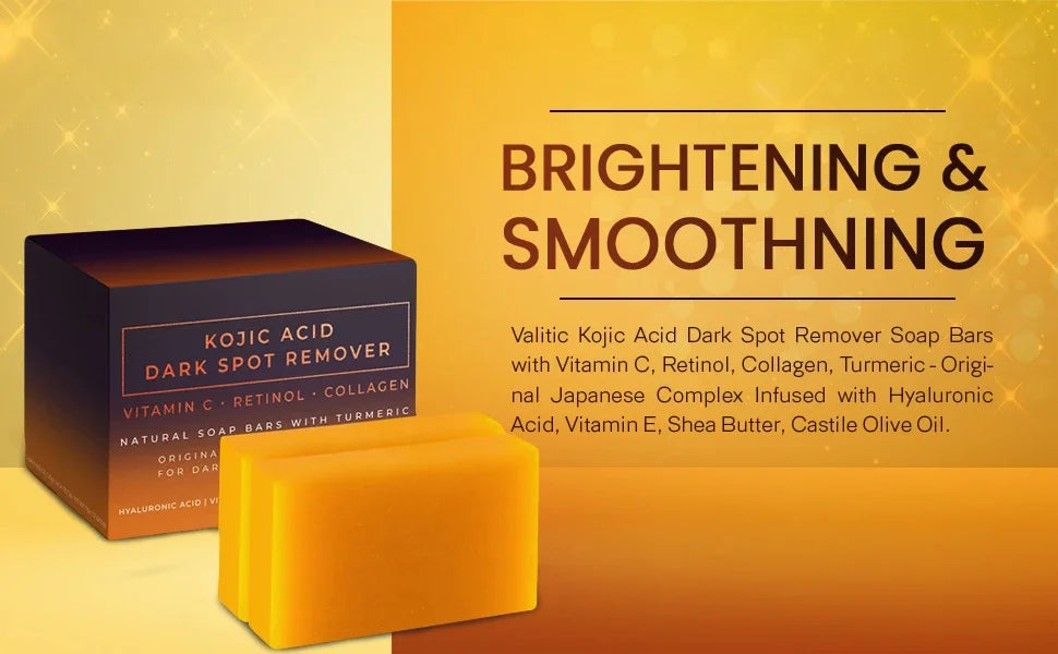 Une boîte marron foncé et une barre de savon Kojic Acid Dark Spot Remover jaune sont présentées sur un fond orange.