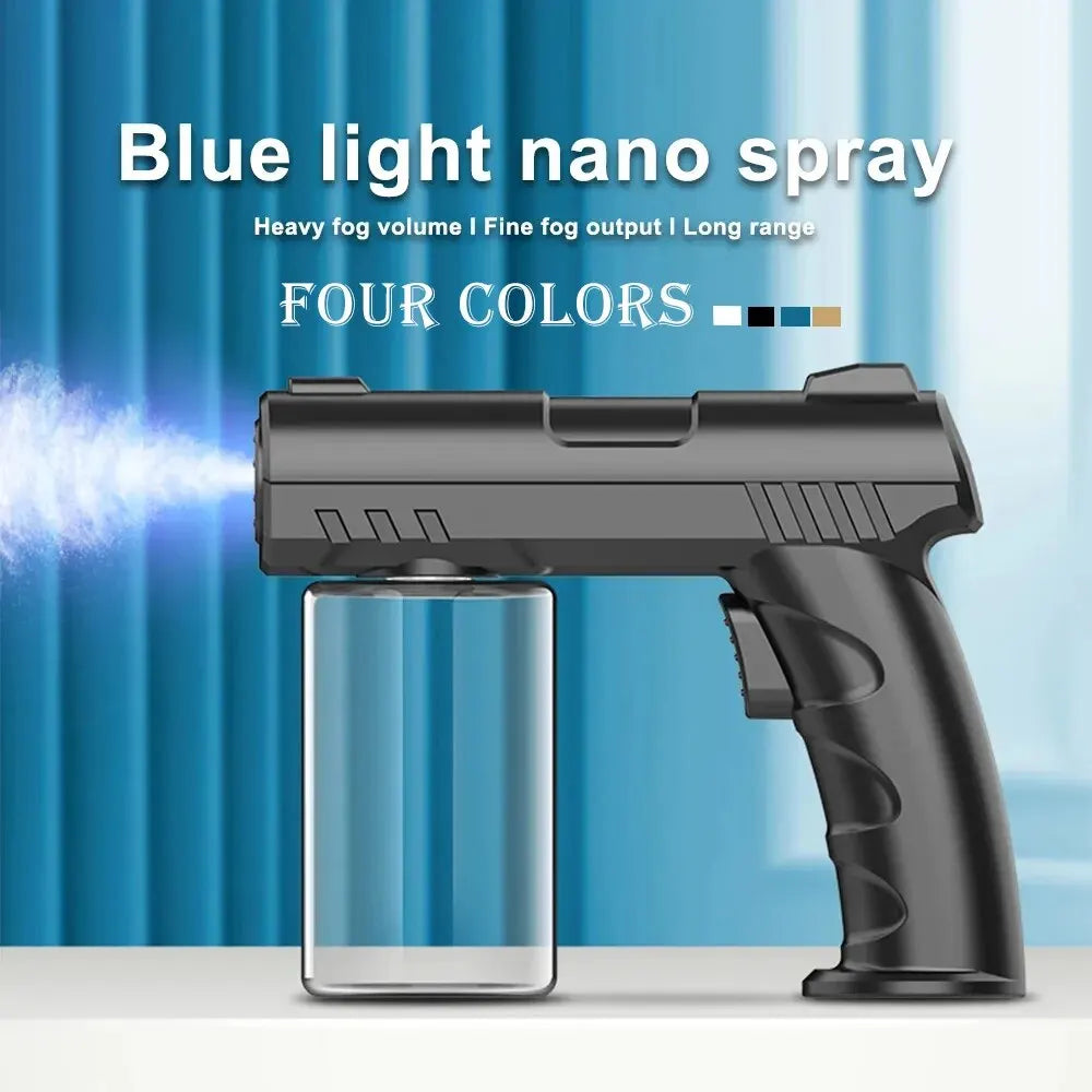 A black nano spray gun is shown next to a clear bottle, demonstrating blue light fog output.